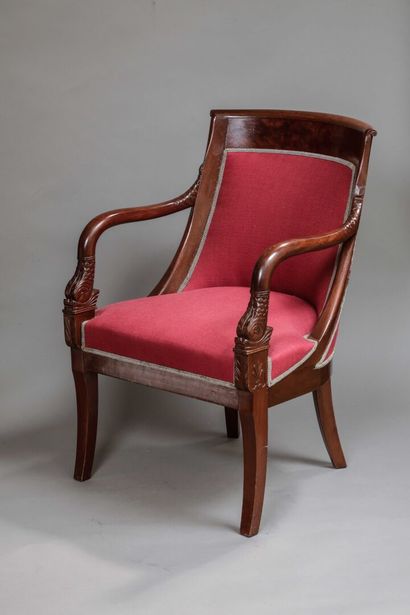 Suite of three mahogany gondola-back armchairs,...