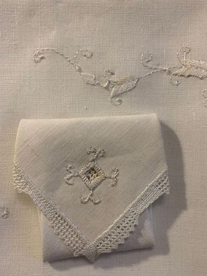 Embroidered linen tea tablecloth with 6 matching...