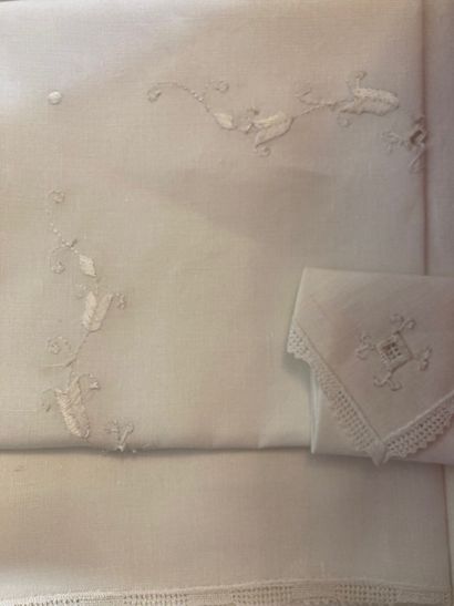 Embroidered linen tea tablecloth with 6 matching...