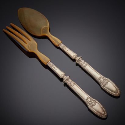 Silver-plated salad servers with fine foliate...