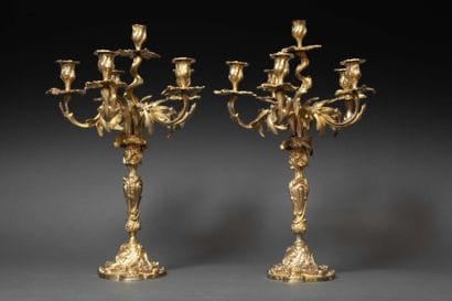 Pair of gilt bronze 5-branch 6-light candelabra...