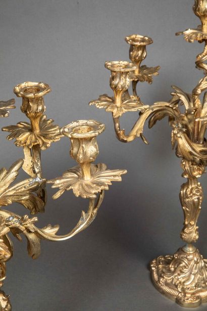 Pair of gilt bronze 5-branch 6-light candelabra...