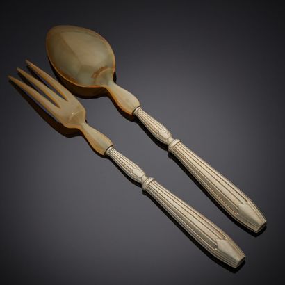 Silver-plated metal salad servers with horn...
