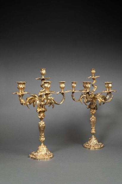 Pair of gilt bronze 5-branch 6-light candelabra...
