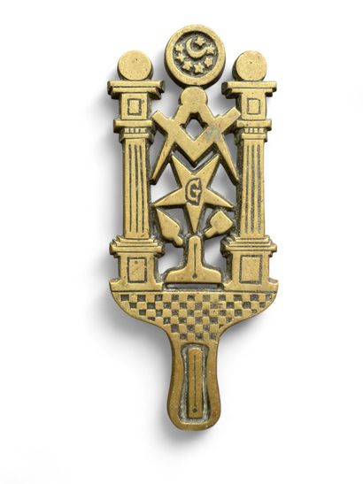 Brass iron warmer with Freemasons' symbols:...