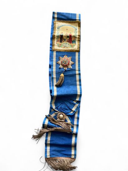 A large blue Odd Fellows ribbon harness with...