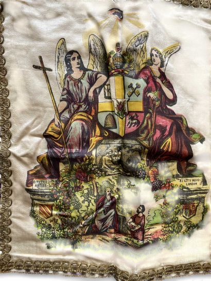 A silk apron with purple borders and gold...