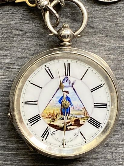 A round steel masonic pocket watch with a...