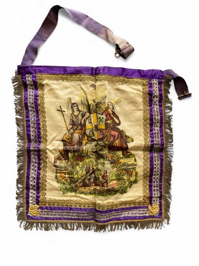 A silk apron with purple borders and gold...