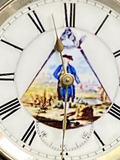 A round steel masonic pocket watch with a...