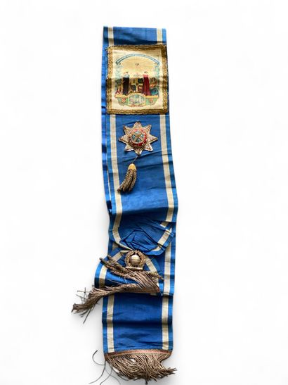 A large blue Odd Fellows ribbon harness with...