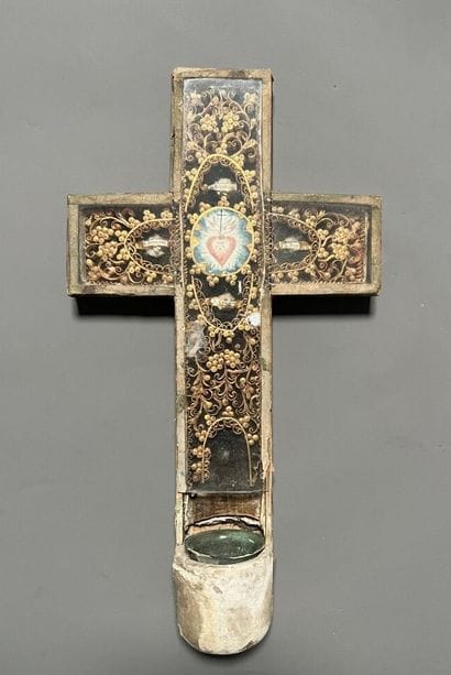 [Paperolle-reliquaire]. CRUCIFIX wooden holy-water...