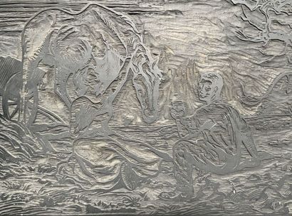 [Matrix on wood]. Country scene with two...