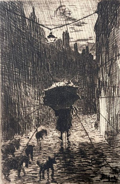 After Félix BUHOT (1847-1898) Pluie et parapluie,...