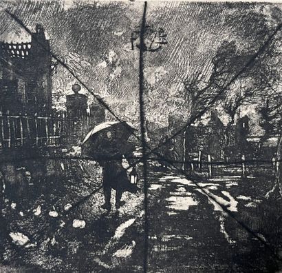 After Félix BUHOT (1847-1898) Pluie et parapluie,...