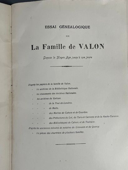 [Genealogy]. VALON (Ludovic de). Essai généalogique...