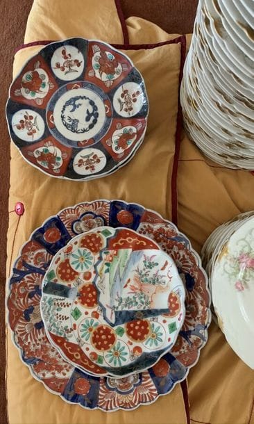 Six plates and a porcelain dish with various...