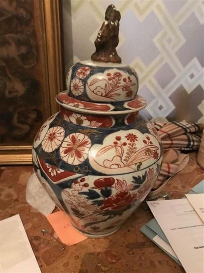 Porcelain covered pot with blue, red and...