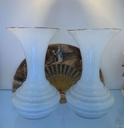 Pair of cornet vases in milky opaline glass....