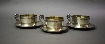 Three silver metal cups and saucers Weight:...