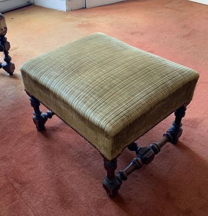 Rectangular stool. Turned wooden base with...