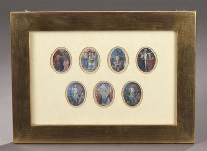 Seven gouache oval illuminations depicting...