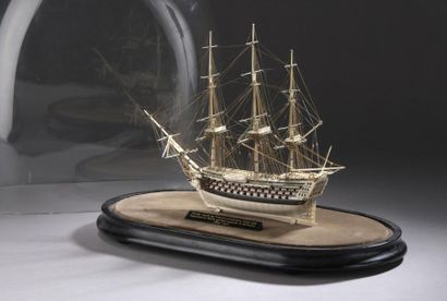 Three-deck model ship made of bone and blackened...