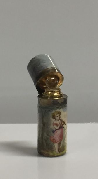 A small flask decorated with a flute-playing...