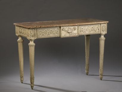 Grande console en bois sculpté et laqué gris,...