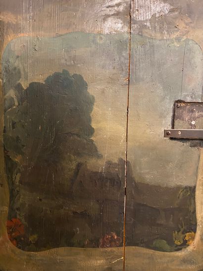 Meuble deux corps en bois noirci à déco peint,...