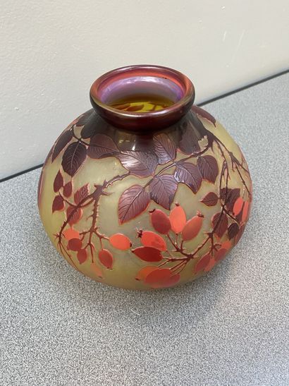 Vase boule en verre multicouche à décor gravé...