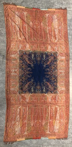 Long cashmere shawl around 1845, blue rectangular...
