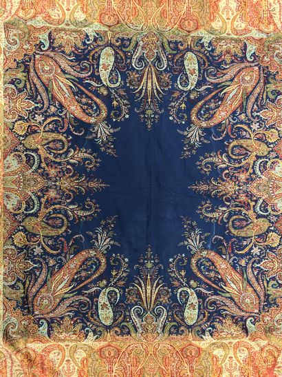 Long cashmere shawl around 1845, blue rectangular...