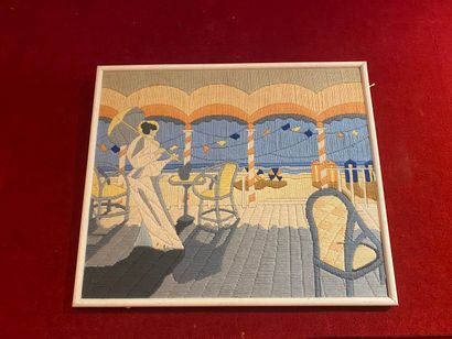 Tableau tissé de laine à décors de plage.
Vers...