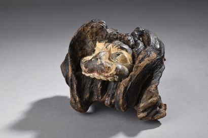 Masque en bois peint inséré dans un tronc...