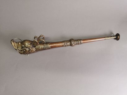 Tibetan horn with dragon head. Brass and...