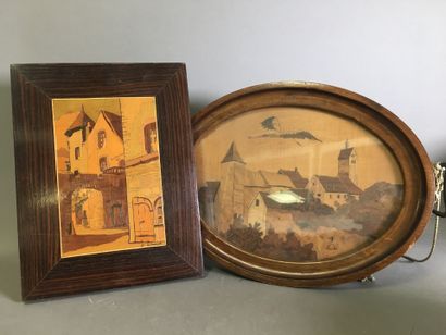 Plateau rectangulaire en bois marqueté signé...