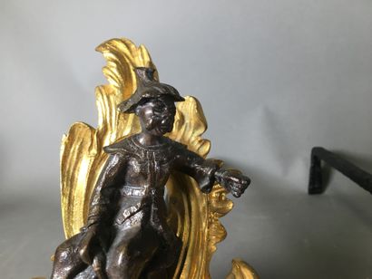 Une paire de chenets en bronze doré et fonte...