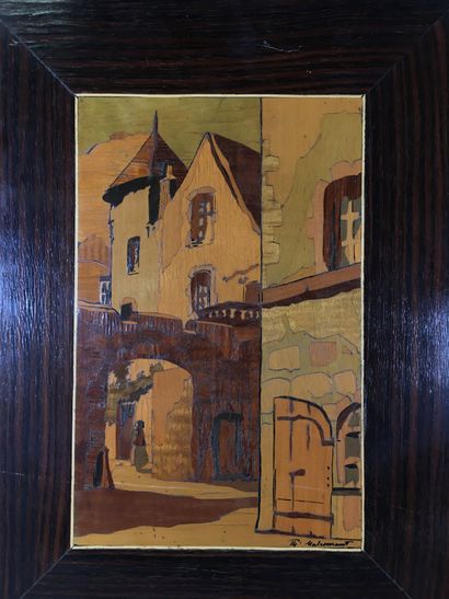 Plateau rectangulaire en bois marqueté signé...