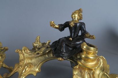 Une paire de chenets en bronze doré à décor...