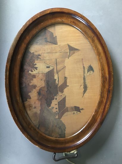 Plateau rectangulaire en bois marqueté signé...