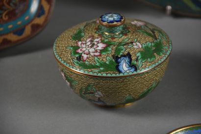 CHINE - circa 1900 
Ensemble en émaux cloisonnés...