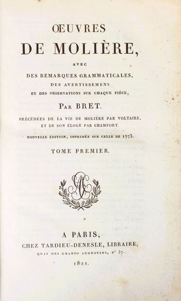 MOLIERE. OEUVRES. Paris, Tardieu-Denesle,...
