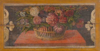 Wood panel painted with a basket of flowers.
First...