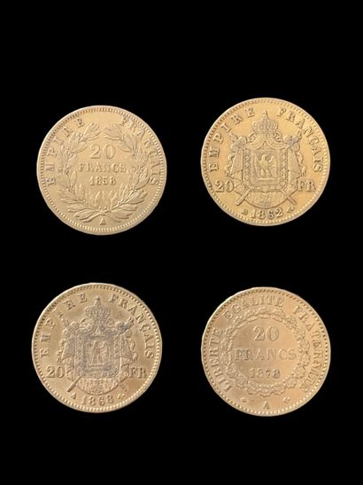 FRANCE
Quatre pièces de 20 Francs, Napoléon...