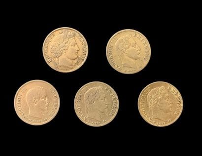 FRANCE 
Cinq pièces de 10 Francs, Napoléon...