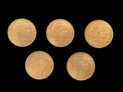 FRANCE
Cinq pièces de 10 Francs, Marianne...