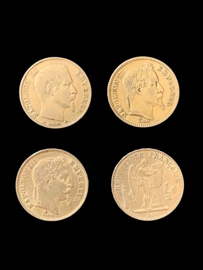FRANCE
Quatre pièces de 20 Francs, Napoléon...
