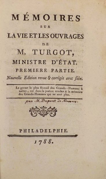 [DUPONT DE NEMOURS]. MÉMOIRES SUR LA VIE...