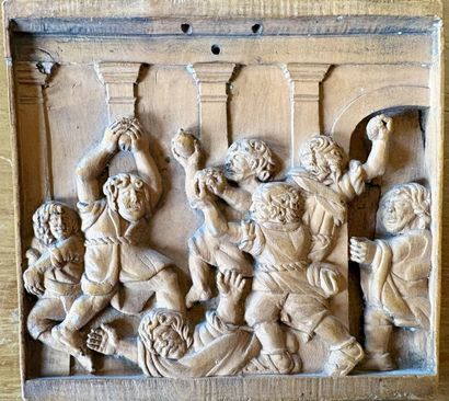 Bas-relief en bois sculpté figurant une scène...